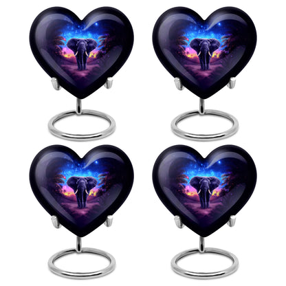 Celestial Blue Elephant Cremation Urn angled view of lid and engraved motif - heart-shaped elephant design symbolizing eternal love - 10 inch aluminum urn for cremated remains