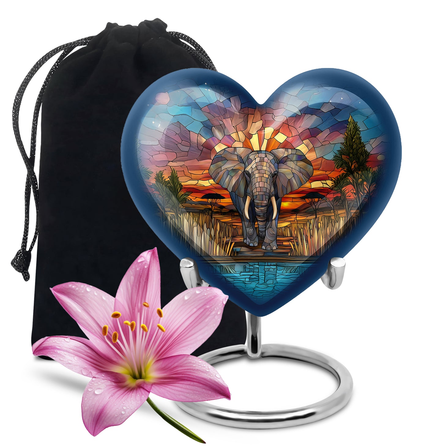 Sunrise Gold Elephant Cremation Urn detail view - heart-shaped elephant design symbolizing eternal love - full-size 10 inch 200 cubic inch adult cremation urn