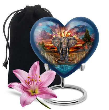 Sunrise Gold Elephant Cremation Urn detail view - heart-shaped elephant design symbolizing eternal love - full-size 10 inch 200 cubic inch adult cremation urn