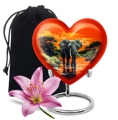 Matte Gold Elephant Cremation Urn detail view - romantic heart urn with elephant motif on aluminum - full-size 10 inch 200 cubic inch adult cremation urn