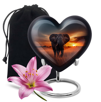 Sapphire Blue Elephant Cremation Urn detail view - romantic heart urn with elephant motif on aluminum - full-size 10 inch 200 cubic inch adult cremation urn