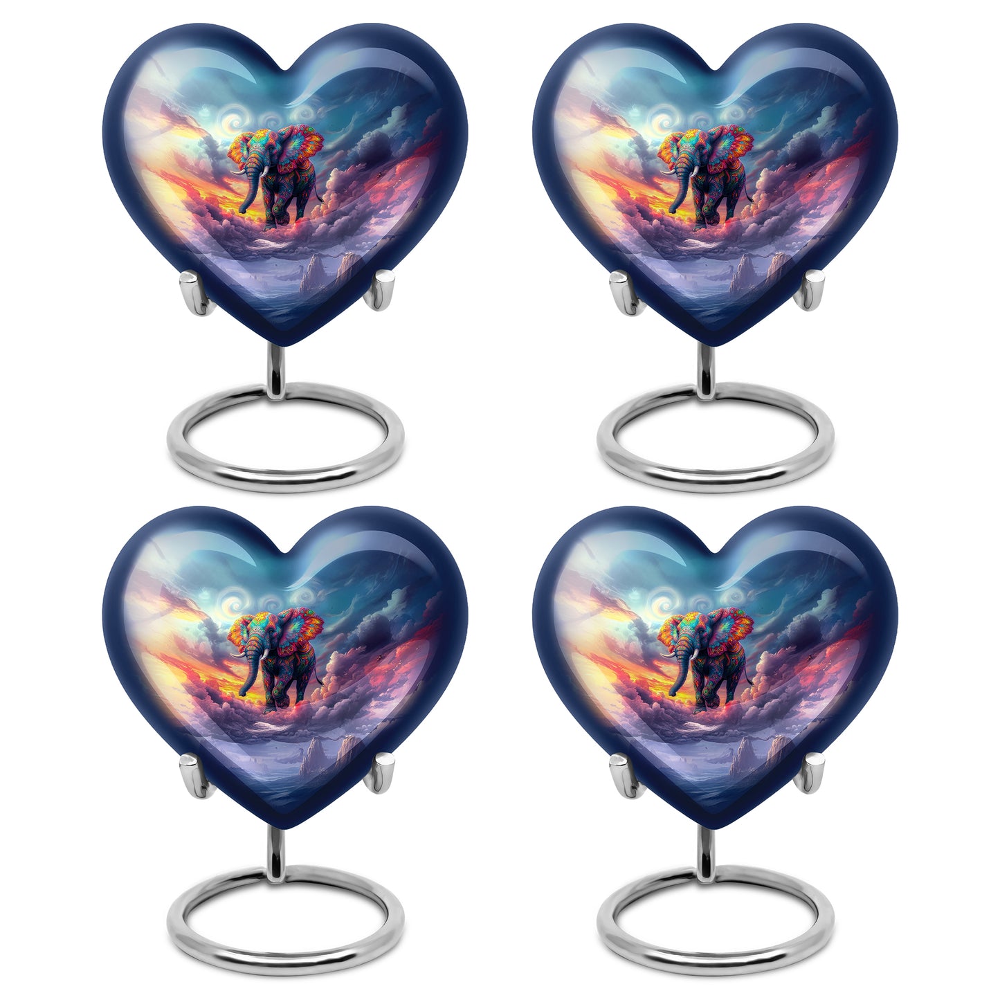 Navy Blue Elephant Cremation Urn angled view of lid and engraved motif - loving heart memorial featuring elephant pattern - 10 inch aluminum urn for cremated remains