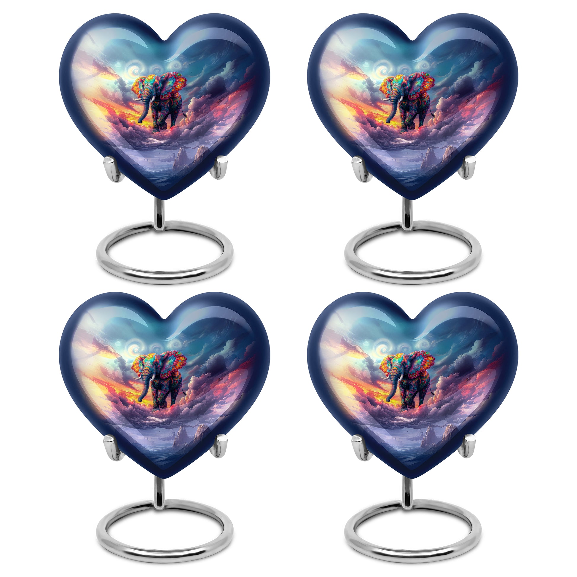 Navy Blue Elephant Cremation Urn angled view of lid and engraved motif - loving heart memorial featuring elephant pattern - 10 inch aluminum urn for cremated remains