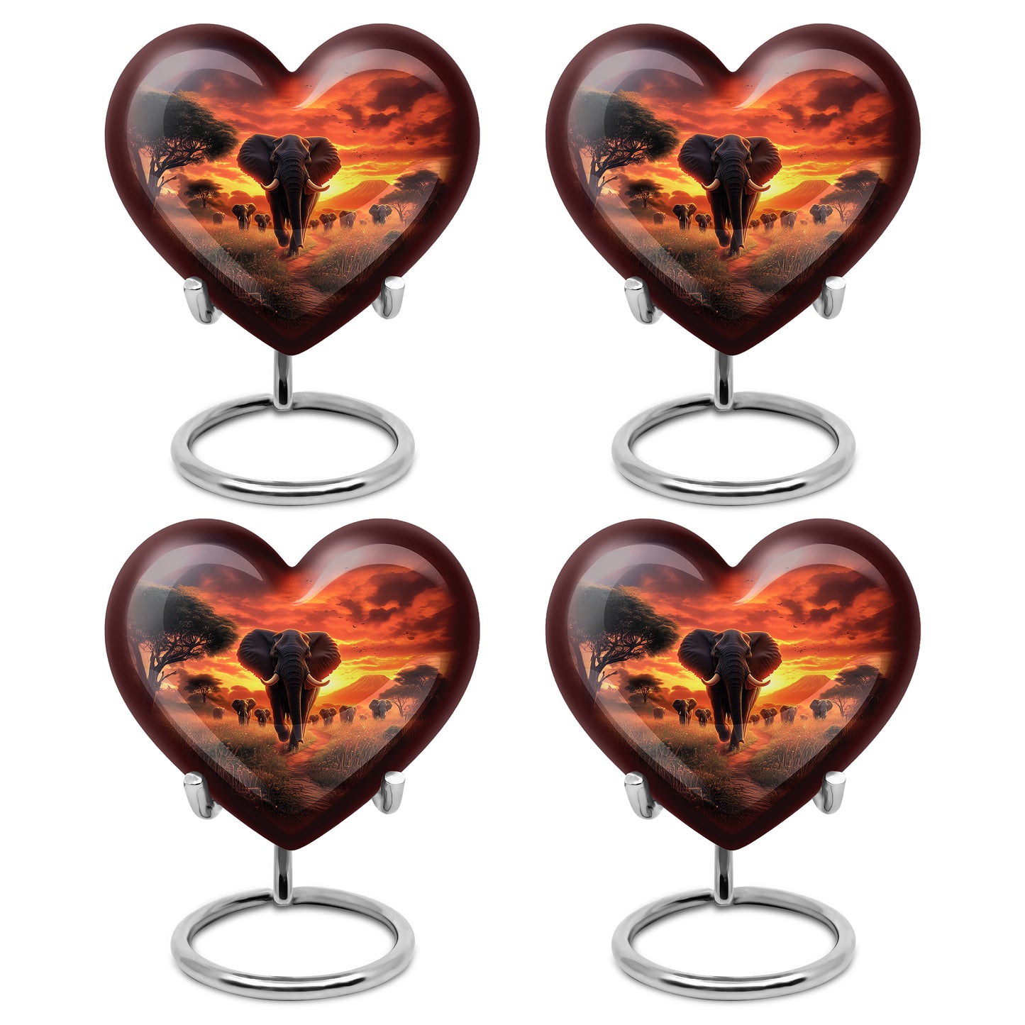 Wine Red Elephant Cremation Urn angled view of lid and engraved motif - heart-shaped elephant design symbolizing eternal love - 10 inch aluminum urn for cremated remains