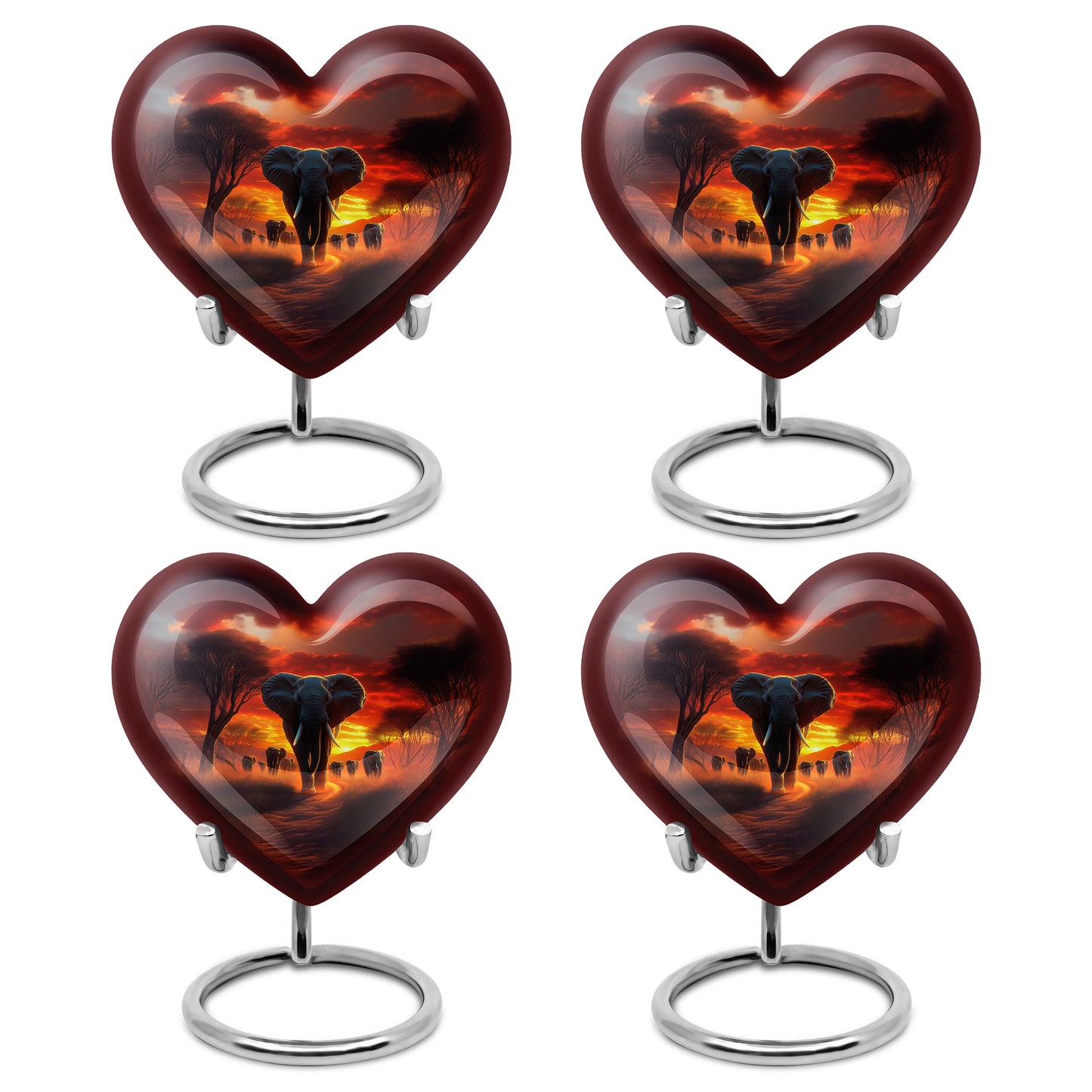 Wine Red Elephant Cremation Urn angled view of lid and engraved motif - loving heart memorial featuring elephant pattern - 10 inch aluminum urn for cremated remains