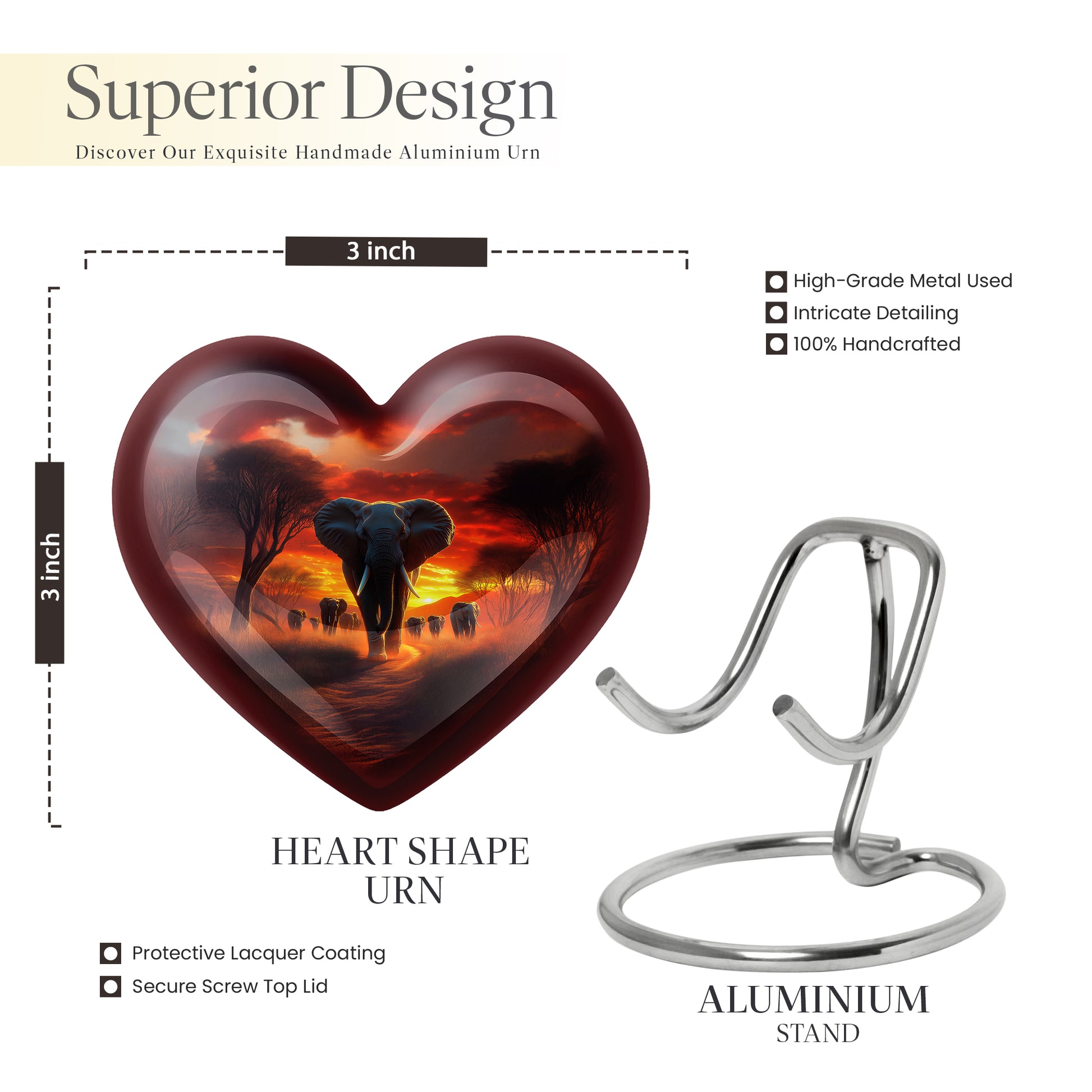 Garnet Red Elephant Cremation Urn front view showing detailed design - heart-shaped elephant design symbolizing eternal love - mini keepsake memorial for portion of cremation ashes