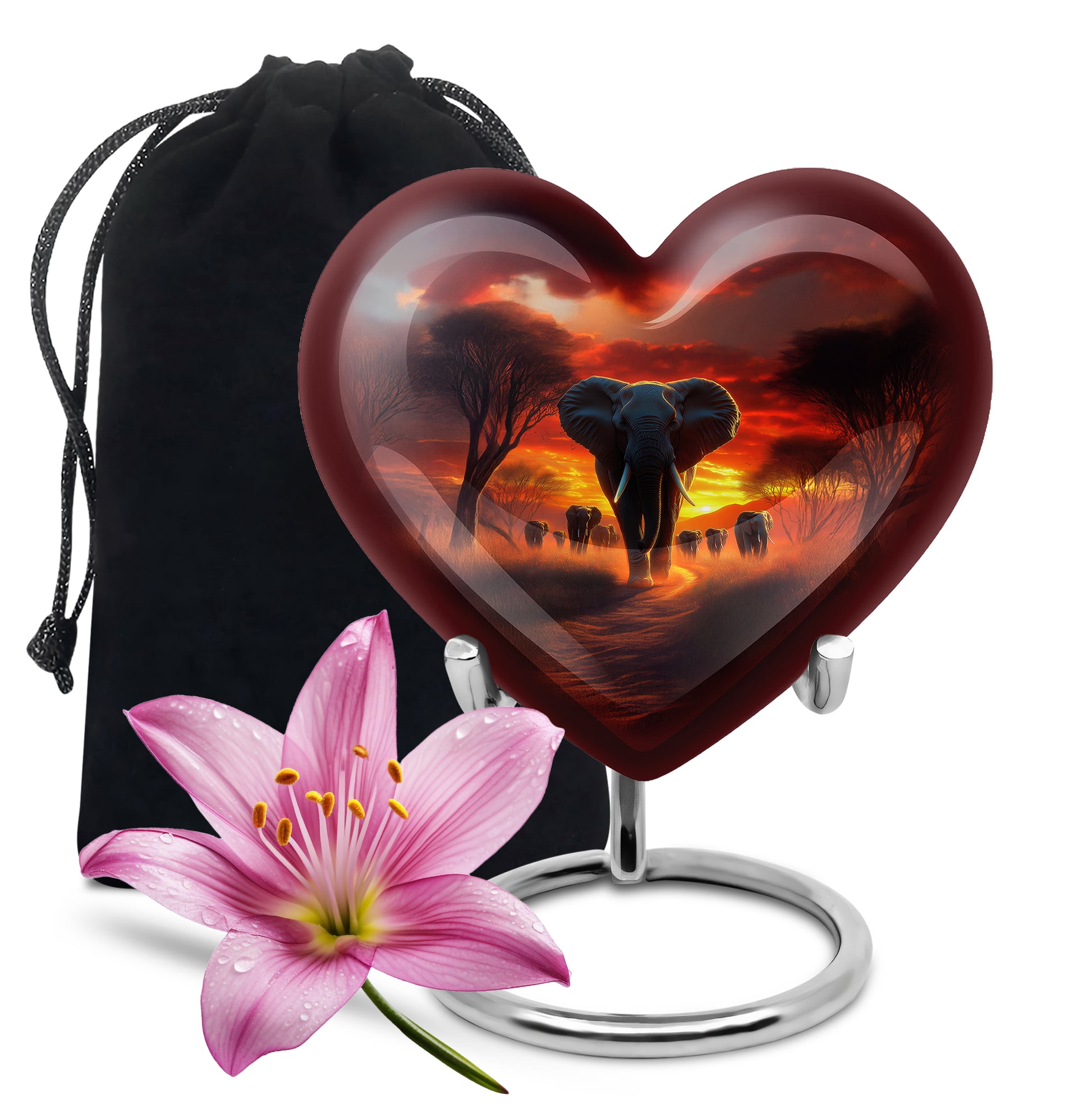 Garnet Red Elephant Cremation Urn detail view - loving heart memorial featuring elephant pattern - full-size 10 inch 200 cubic inch adult cremation urn