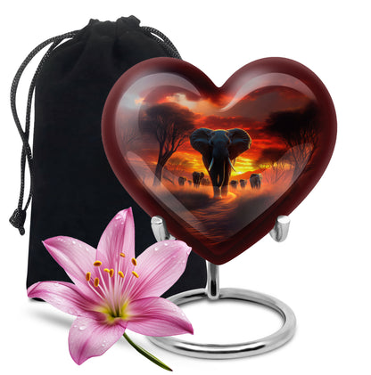Garnet Red Elephant Cremation Urn detail view - loving heart memorial featuring elephant pattern - full-size 10 inch 200 cubic inch adult cremation urn