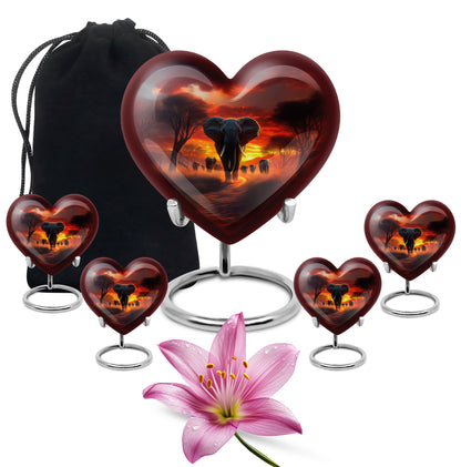 Rich Red Elephant Cremation Urn close-up of engraving and surface detail - romantic heart urn with elephant motif on aluminum - memorial set with one large and four small urns