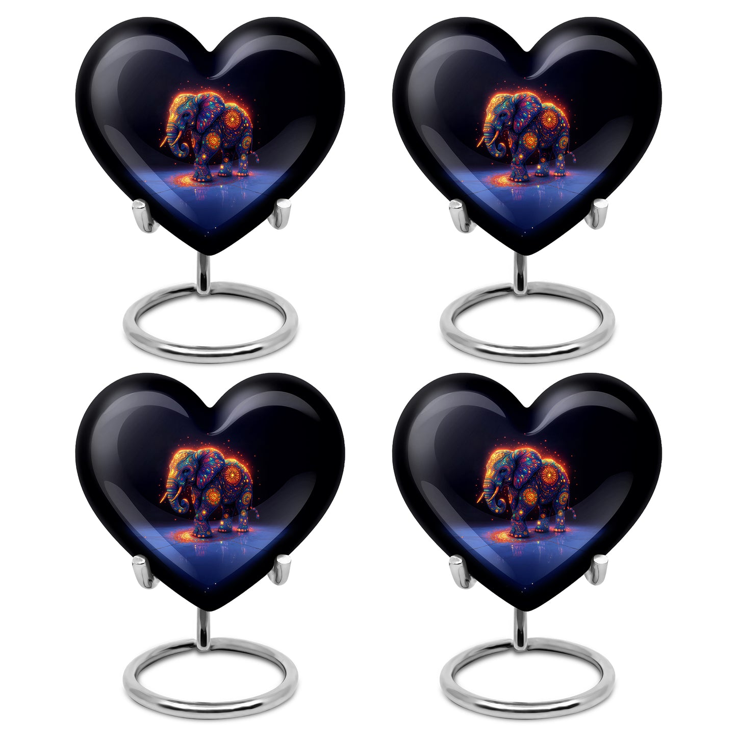 Icy Blue Elephant Cremation Urn angled view of lid and engraved motif - heart-shaped elephant design symbolizing eternal love - 10 inch aluminum urn for cremated remains