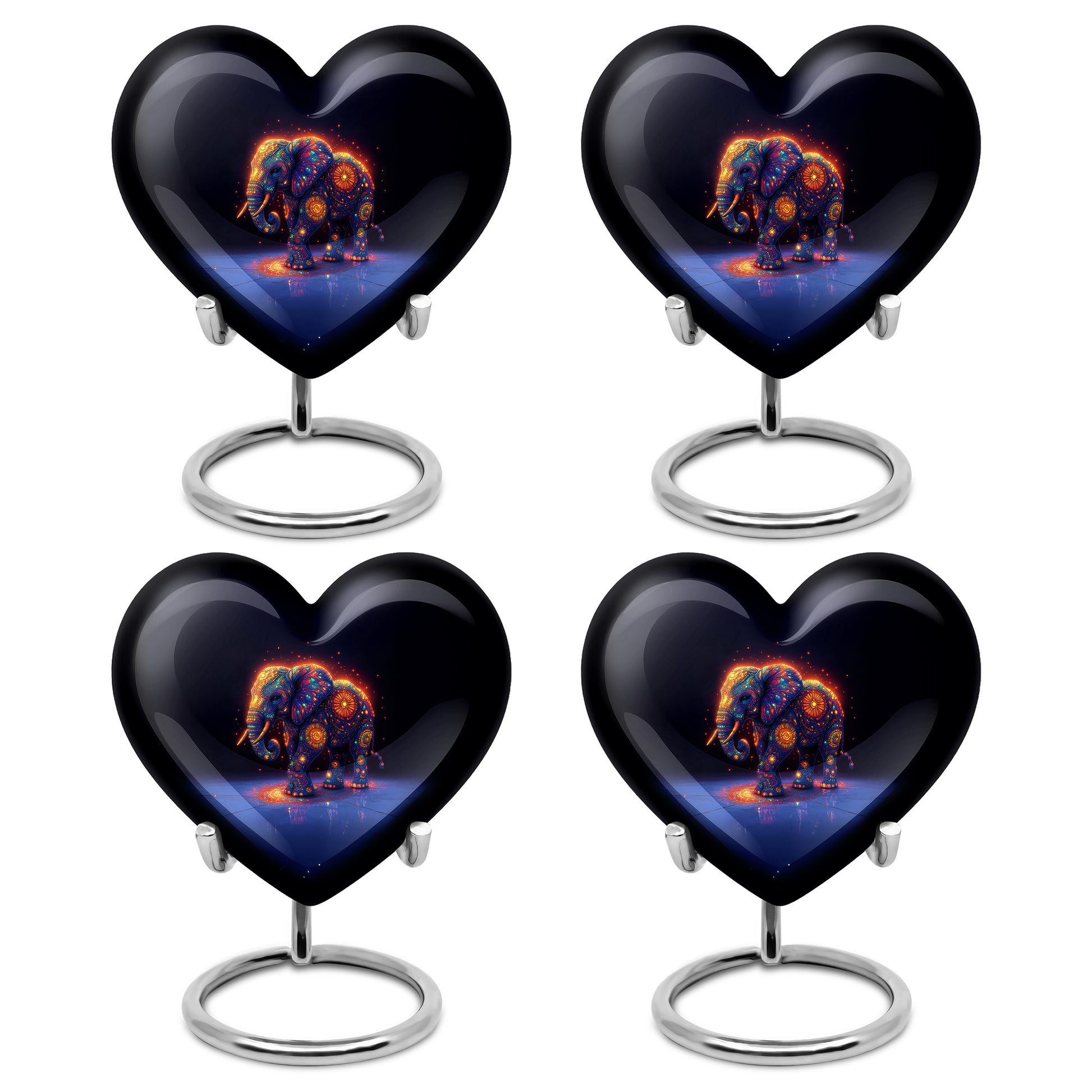 Icy Blue Elephant Cremation Urn angled view of lid and engraved motif - heart-shaped elephant design symbolizing eternal love - 10 inch aluminum urn for cremated remains
