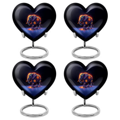 Icy Blue Elephant Cremation Urn angled view of lid and engraved motif - heart-shaped elephant design symbolizing eternal love - 10 inch aluminum urn for cremated remains
