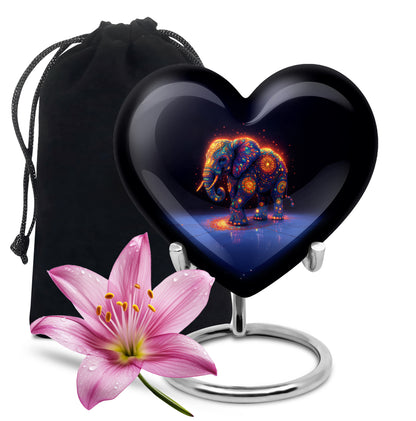 Vivid Blue Elephant Cremation Urn detail view - romantic heart urn with elephant motif on aluminum - full-size 10 inch 200 cubic inch adult cremation urn