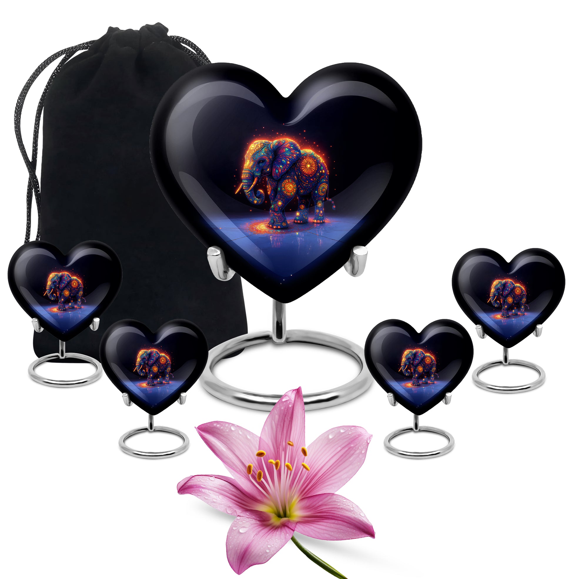 Serene Blue Elephant Cremation Urn close-up of engraving and surface detail - romantic heart urn with elephant motif on aluminum - memorial set with one large and four small urns