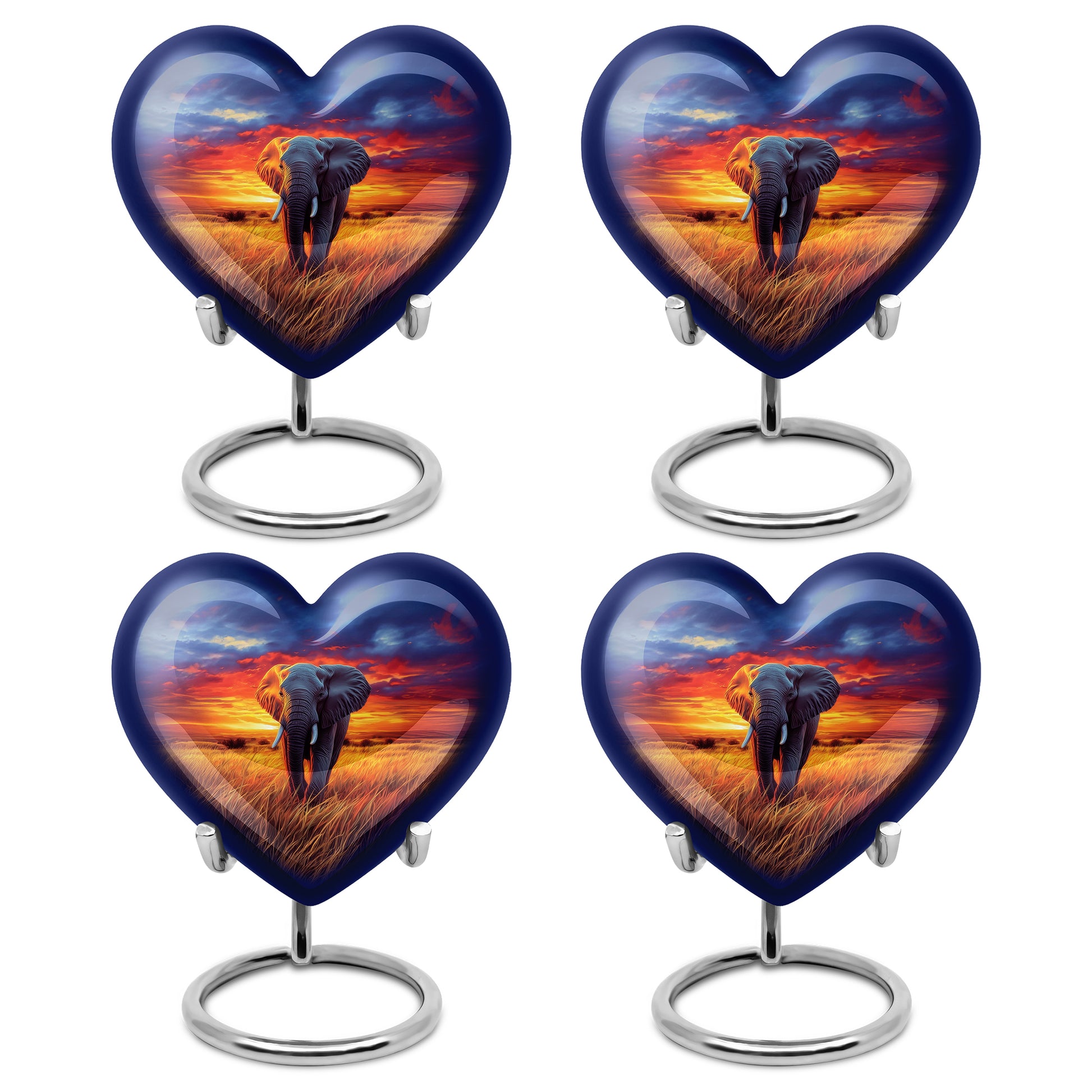 Celestial Blue Elephant Cremation Urn angled view of lid and engraved motif - loving heart memorial featuring elephant pattern - 10 inch aluminum urn for cremated remains
