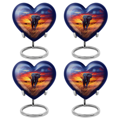 Celestial Blue Elephant Cremation Urn angled view of lid and engraved motif - loving heart memorial featuring elephant pattern - 10 inch aluminum urn for cremated remains