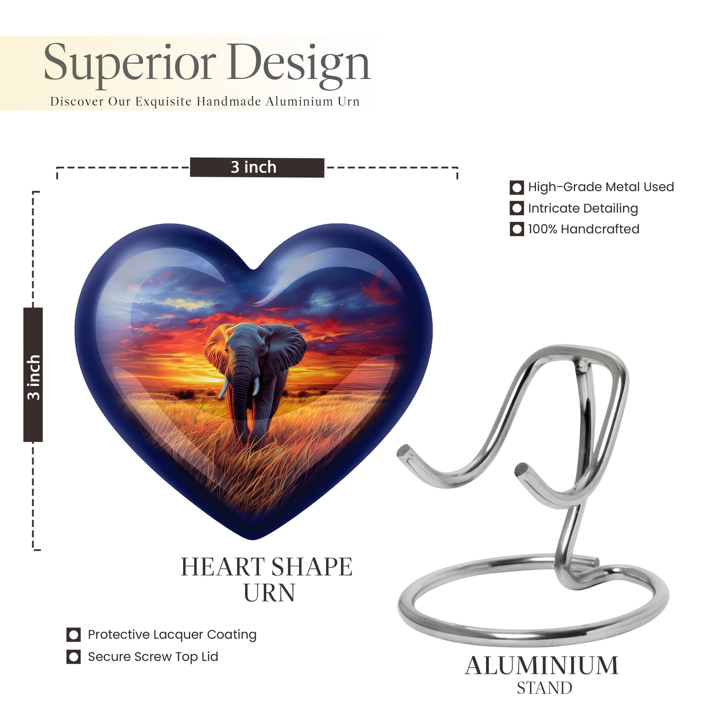 Sapphire Blue Elephant Cremation Urn front view showing detailed design - compassionate heart-elephant combination with gentle curves - mini keepsake memorial for portion of cremation ashes