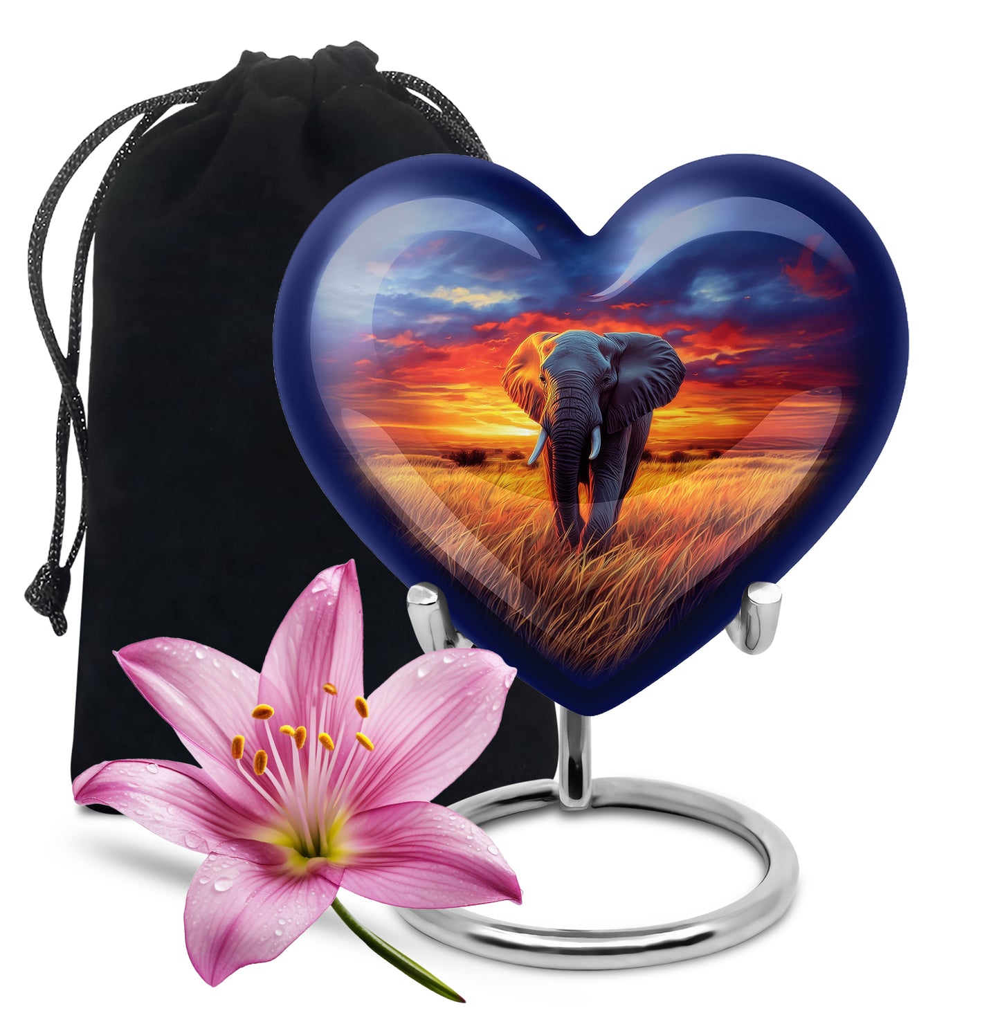 Icy Blue Elephant Cremation Urn detail view - loving heart memorial featuring elephant pattern - full-size 10 inch 200 cubic inch adult cremation urn