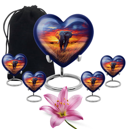 Royal Blue Elephant Cremation Urn close-up of engraving and surface detail - romantic heart urn with elephant motif on aluminum - memorial set with one large and four small urns