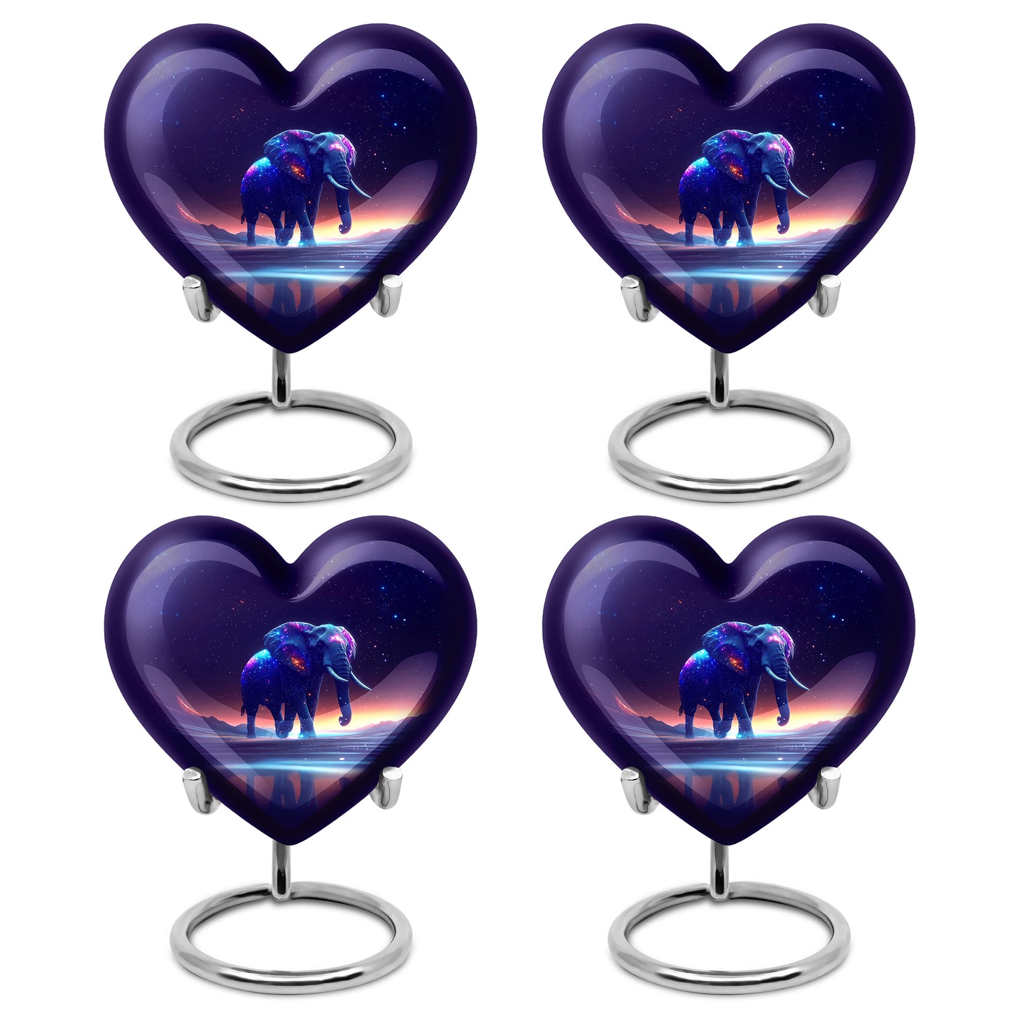 Amethyst Purple Elephant Cremation Urn angled view of lid and engraved motif - heart-shaped elephant design symbolizing eternal love - 10 inch aluminum urn for cremated remains