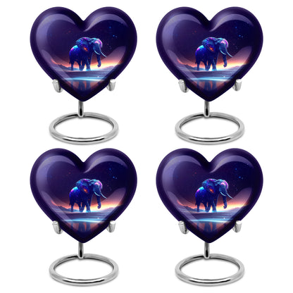 Amethyst Purple Elephant Cremation Urn angled view of lid and engraved motif - heart-shaped elephant design symbolizing eternal love - 10 inch aluminum urn for cremated remains