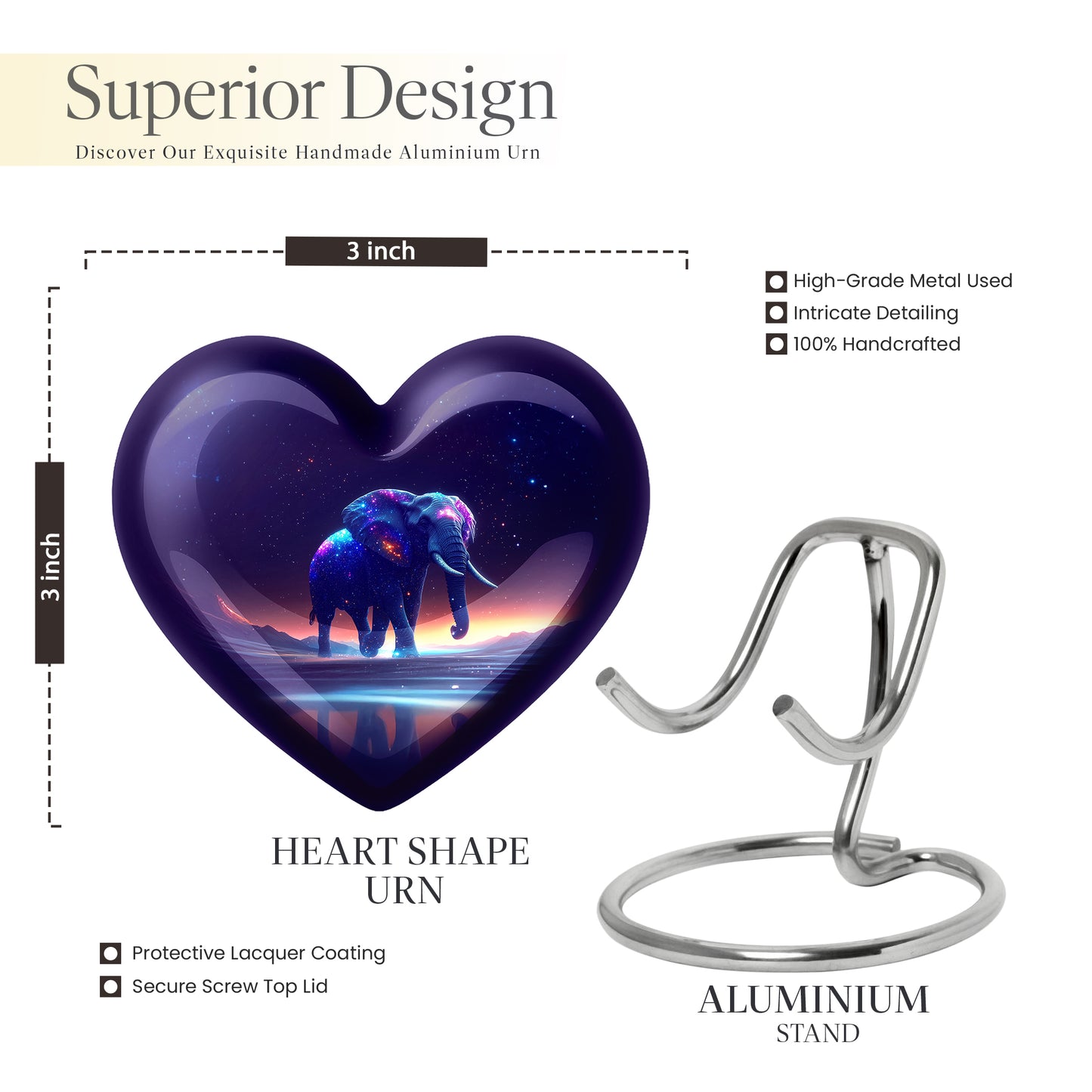 Twilight Purple Elephant Cremation Urn front view showing detailed design - compassionate heart-elephant combination with gentle curves - mini keepsake memorial for portion of cremation ashes