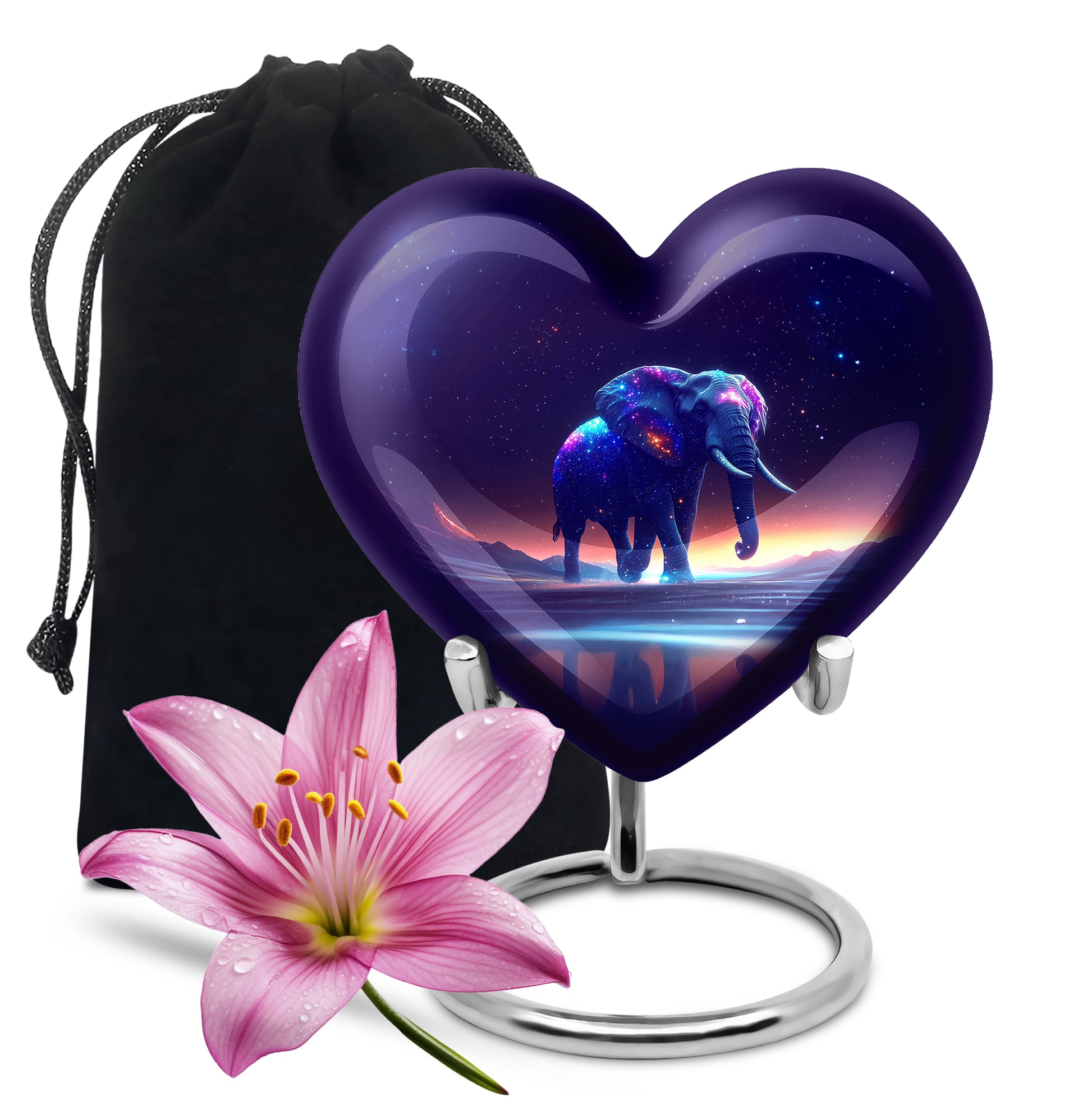Lavender Purple Elephant Cremation Urn detail view - compassionate heart-elephant combination with gentle curves - full-size 10 inch 200 cubic inch adult cremation urn