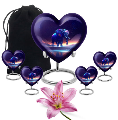 Orchid Purple Elephant Cremation Urn close-up of engraving and surface detail - heart-shaped elephant design symbolizing eternal love - memorial set with one large and four small urns