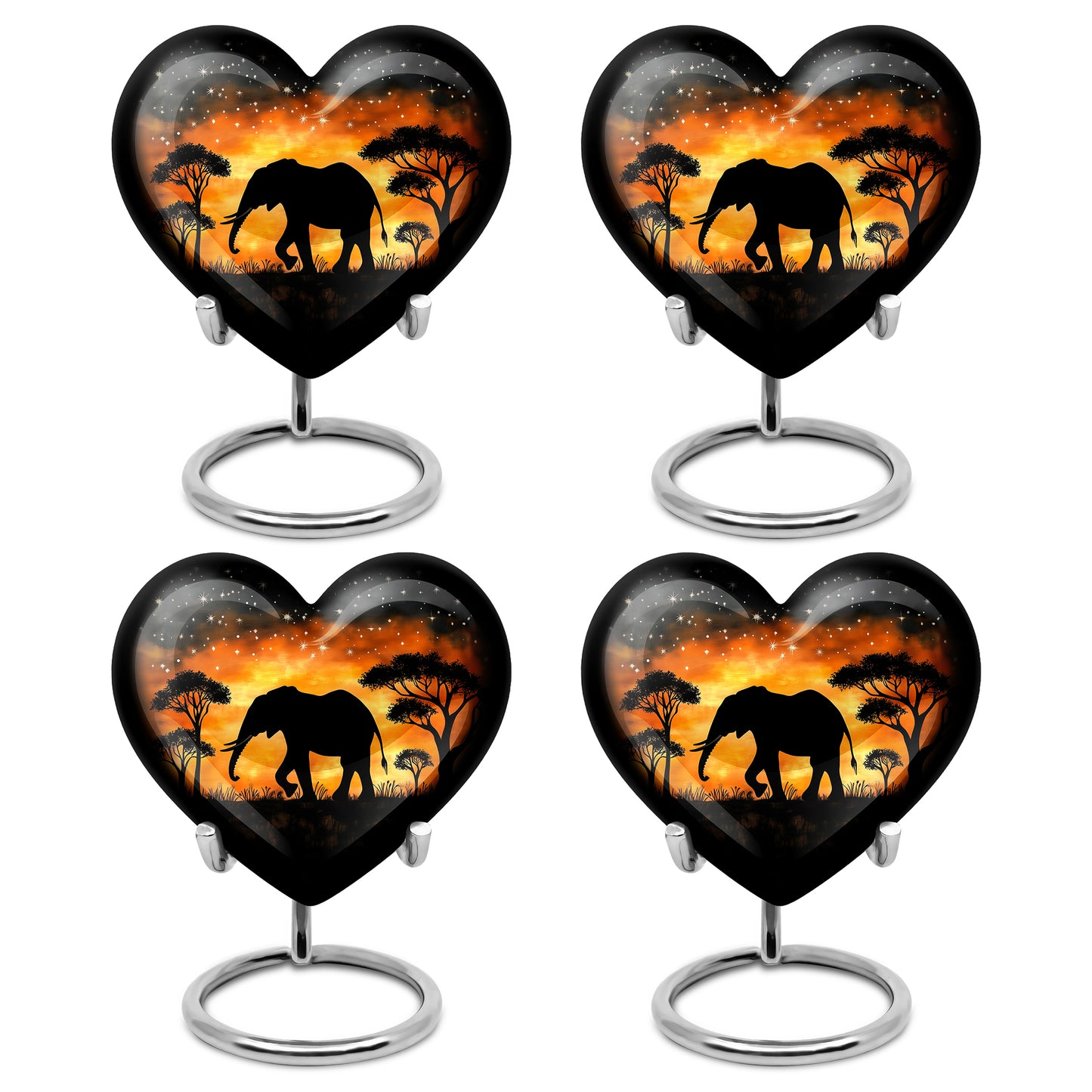Ebony Elephant Cremation Urn angled view of lid and engraved motif - loving heart memorial featuring elephant pattern - 10 inch aluminum urn for cremated remains
