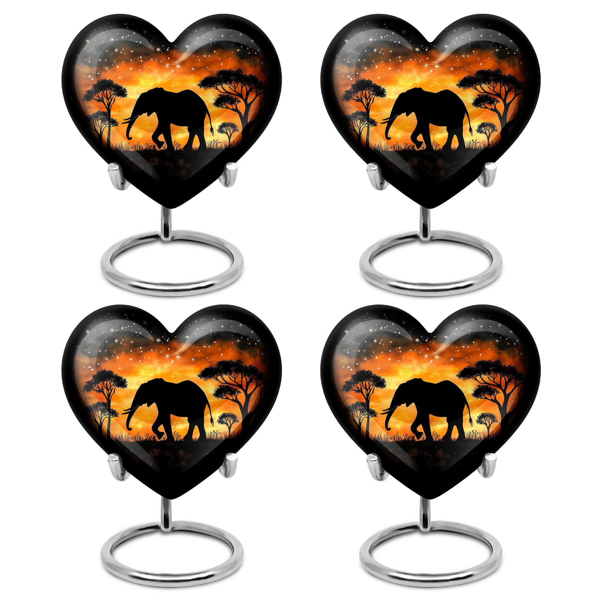 Ebony Elephant Cremation Urn angled view of lid and engraved motif - loving heart memorial featuring elephant pattern - 10 inch aluminum urn for cremated remains