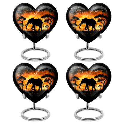 Ebony Elephant Cremation Urn angled view of lid and engraved motif - loving heart memorial featuring elephant pattern - 10 inch aluminum urn for cremated remains