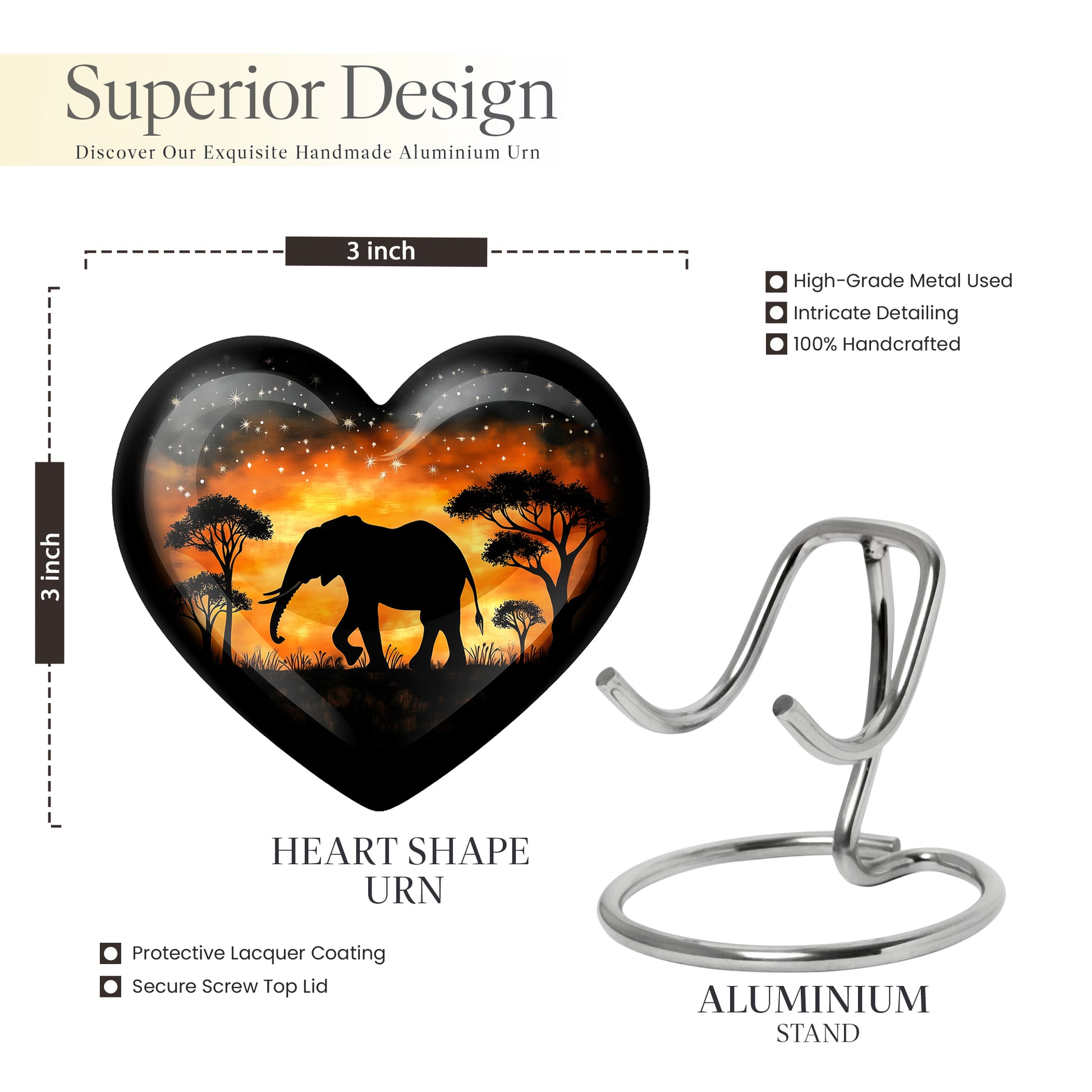 Rich Black Elephant Cremation Urn front view showing detailed design - loving heart memorial featuring elephant pattern - mini keepsake memorial for portion of cremation ashes