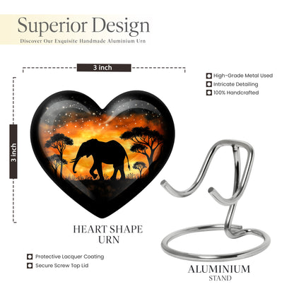 Rich Black Elephant Cremation Urn front view showing detailed design - loving heart memorial featuring elephant pattern - mini keepsake memorial for portion of cremation ashes