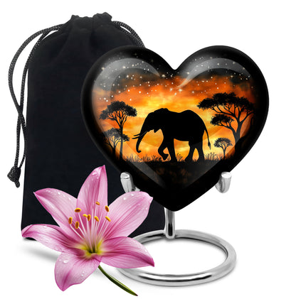 Glossy Black Elephant Cremation Urn detail view - heart-shaped elephant design symbolizing eternal love - full-size 10 inch 200 cubic inch adult cremation urn