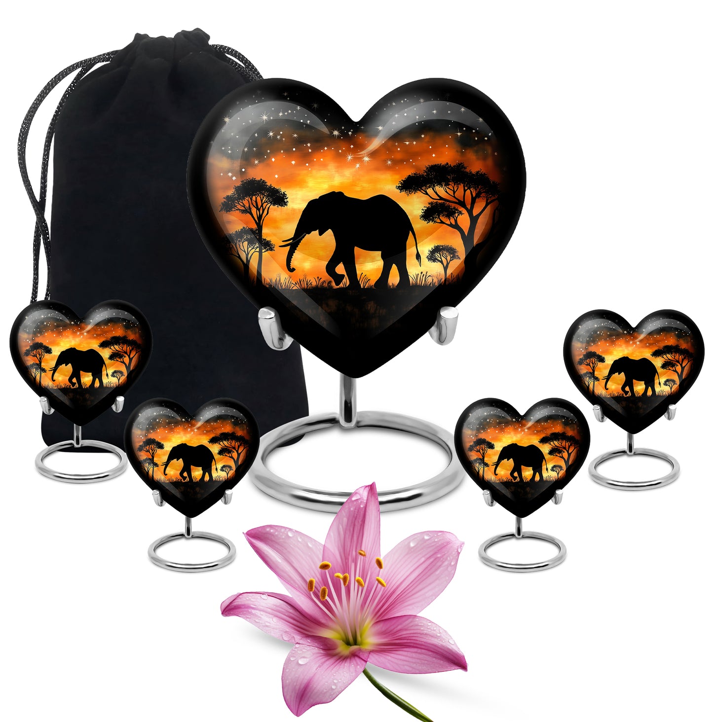 Deep Black Elephant Cremation Urn close-up of engraving and surface detail - loving heart memorial featuring elephant pattern - memorial set with one large and four small urns