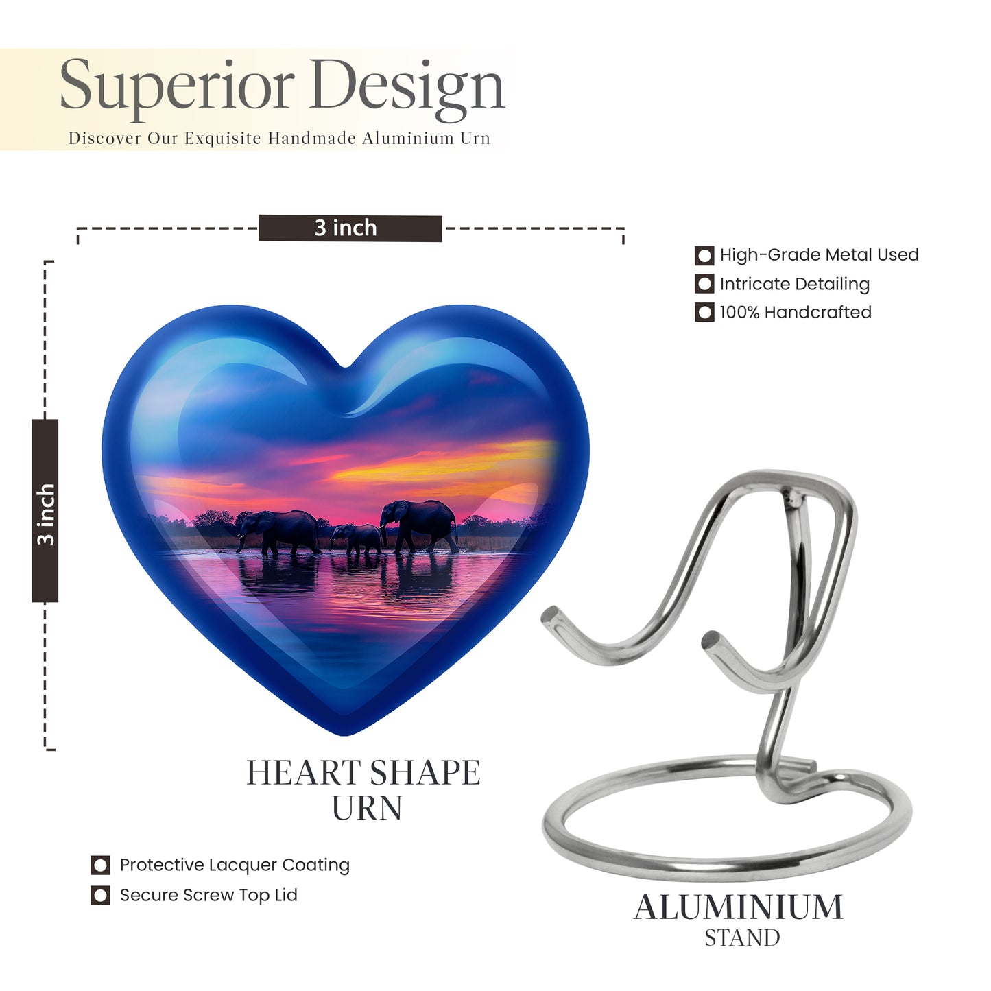 Azure Elephant Cremation Urn front view showing detailed design - loving heart memorial featuring elephant pattern - mini keepsake memorial for portion of cremation ashes