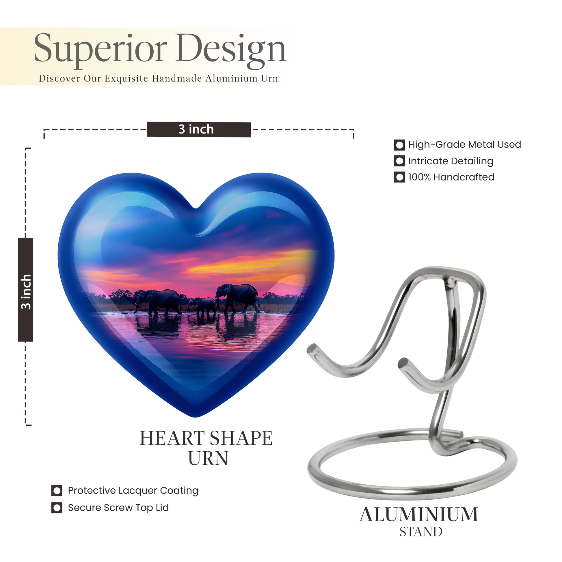 Azure Elephant Cremation Urn front view showing detailed design - loving heart memorial featuring elephant pattern - mini keepsake memorial for portion of cremation ashes