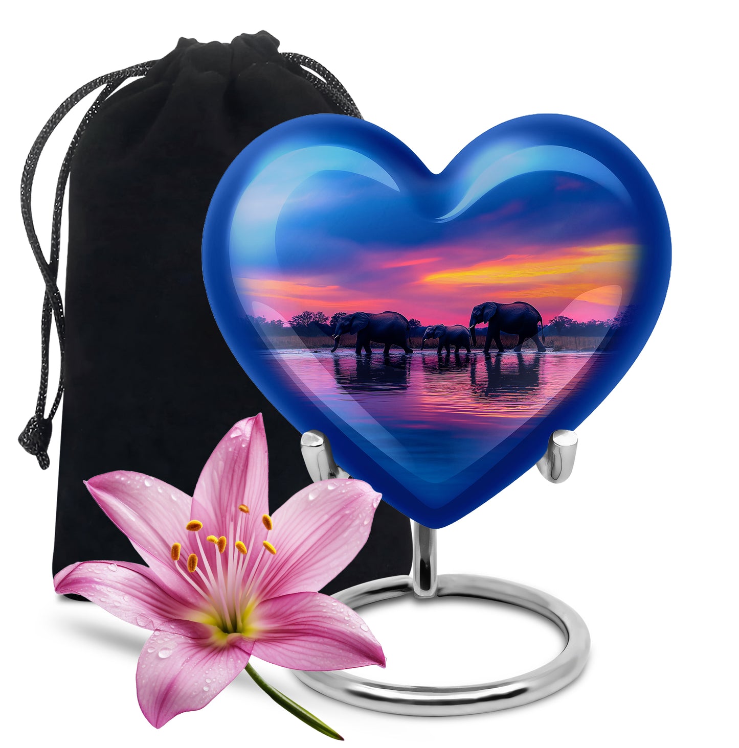 Celestial Blue Elephant Cremation Urn detail view - heart-shaped elephant design symbolizing eternal love - full-size 10 inch 200 cubic inch adult cremation urn