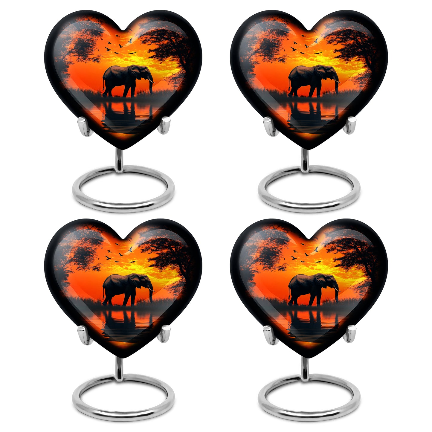 Amber Gold Elephant Cremation Urn angled view of lid and engraved motif - loving heart memorial featuring elephant pattern - 10 inch aluminum urn for cremated remains