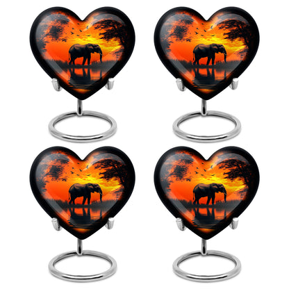 Amber Gold Elephant Cremation Urn angled view of lid and engraved motif - loving heart memorial featuring elephant pattern - 10 inch aluminum urn for cremated remains