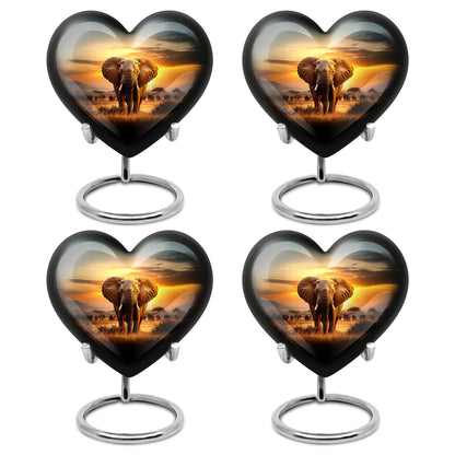 Gilded Gold Elephant Cremation Urn angled view of lid and engraved motif - heart-shaped elephant design symbolizing eternal love - 10 inch aluminum urn for cremated remains