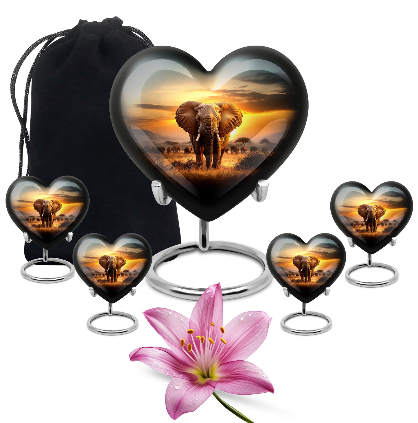 Burnished Gold Elephant Cremation Urn close-up of engraving and surface detail - romantic heart urn with elephant motif on aluminum - memorial set with one large and four small urns