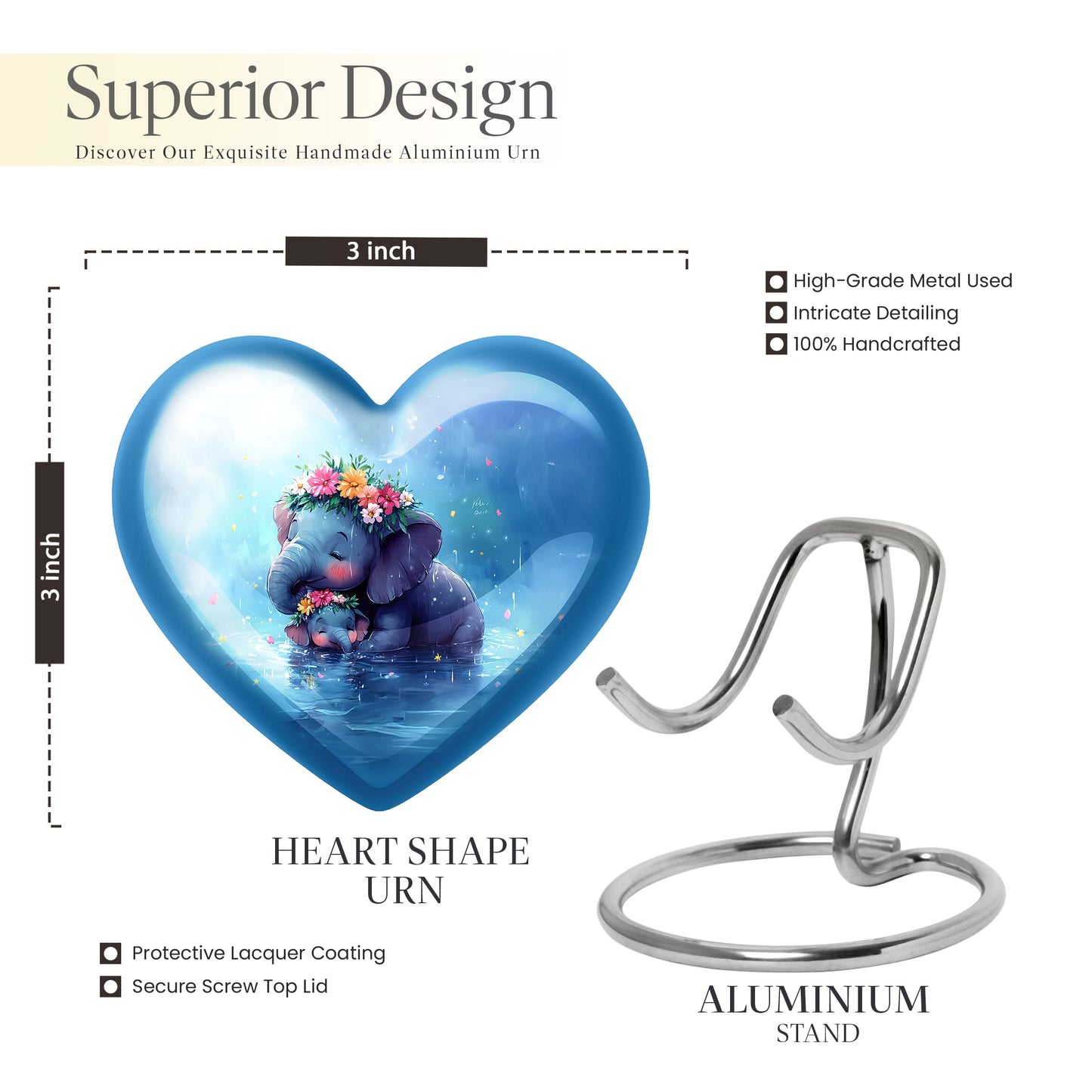 Bright Blue Elephant Cremation Urn front view showing detailed design - compassionate heart-elephant combination with gentle curves - mini keepsake memorial for portion of cremation ashes