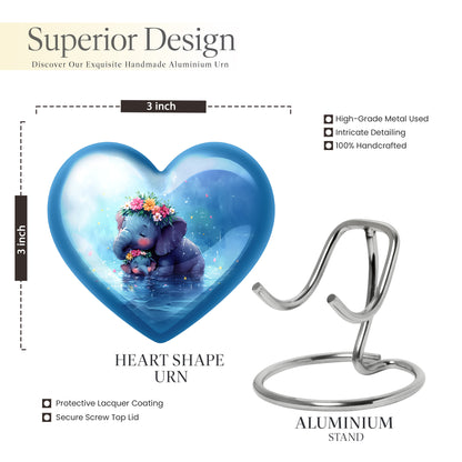 Bright Blue Elephant Cremation Urn front view showing detailed design - compassionate heart-elephant combination with gentle curves - mini keepsake memorial for portion of cremation ashes