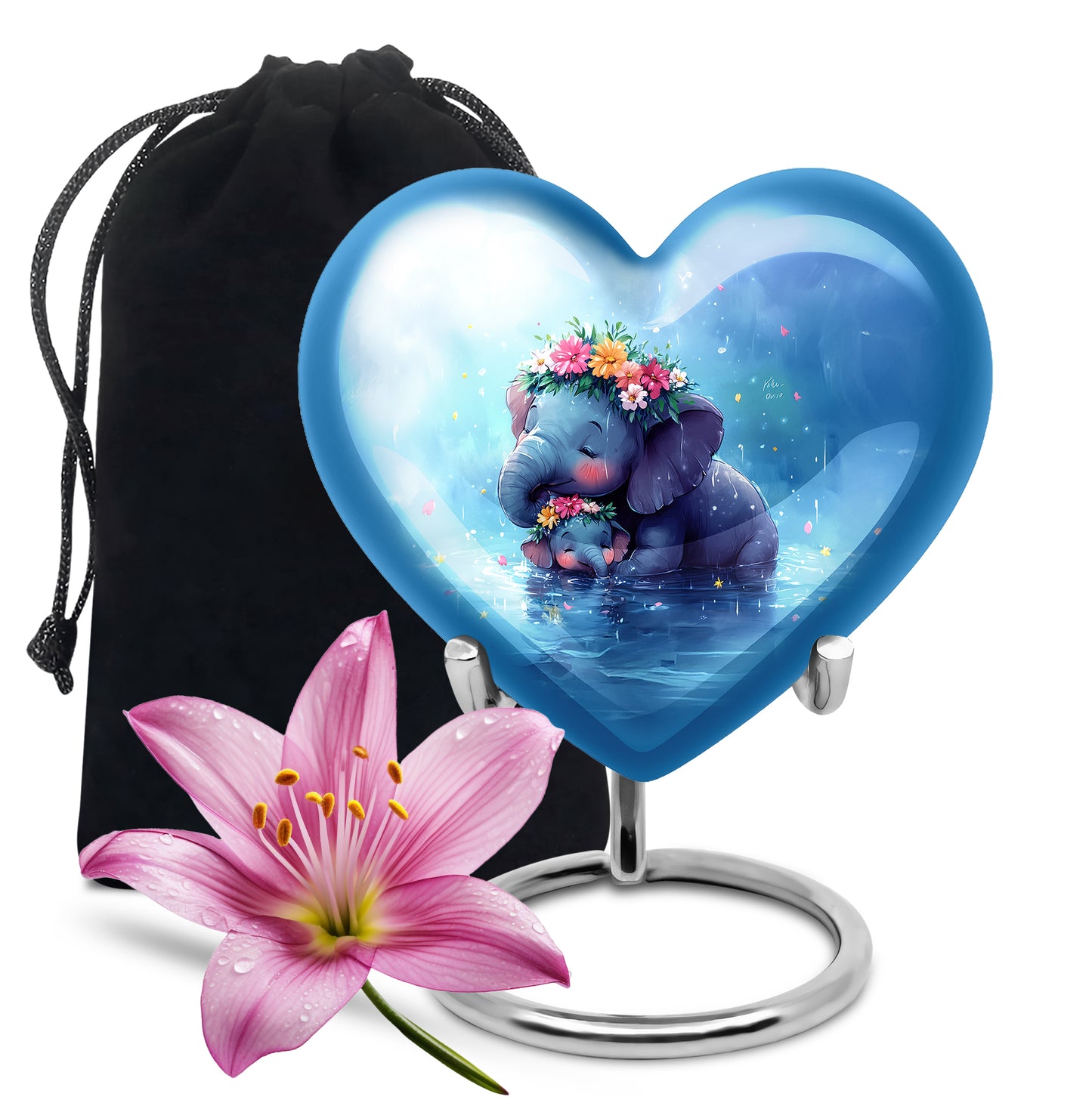 Icy Blue Elephant Cremation Urn detail view - loving heart memorial featuring elephant pattern - full-size 10 inch 200 cubic inch adult cremation urn