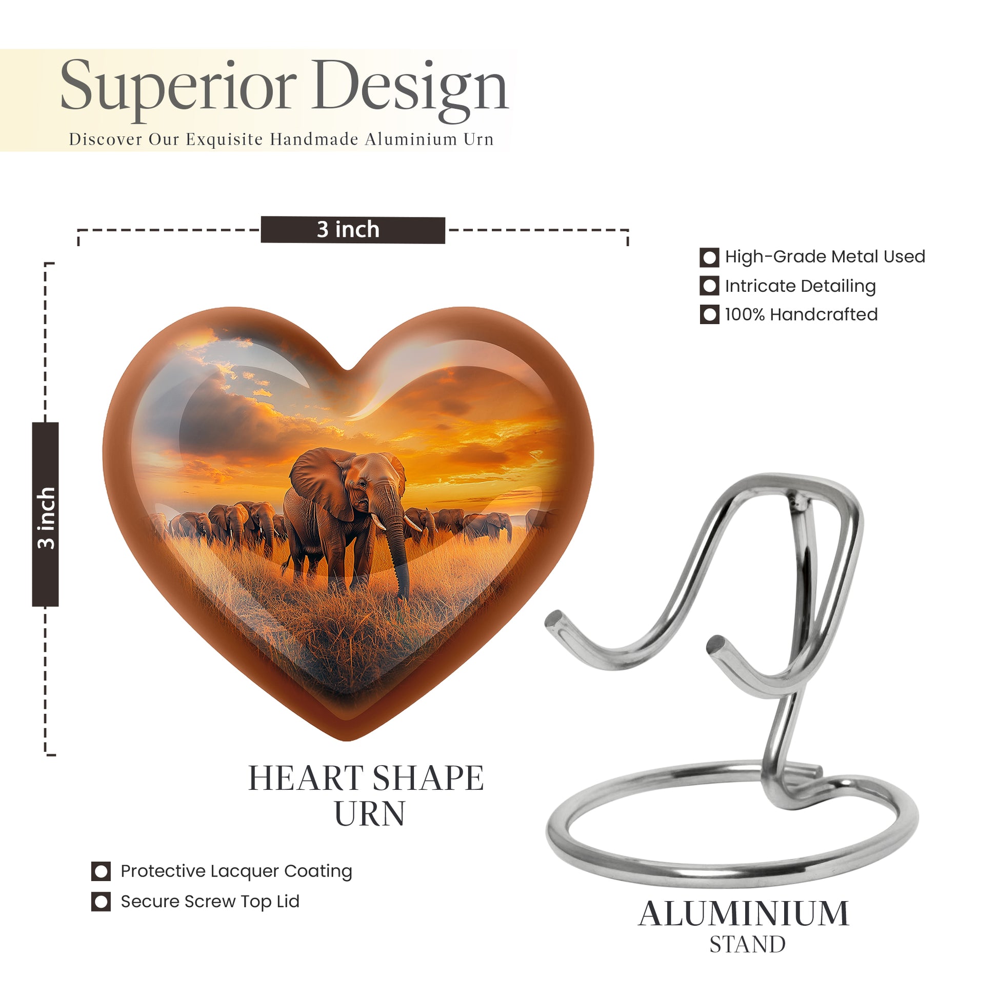 Azure Elephant Cremation Urn front view showing detailed design - heart-shaped elephant design symbolizing eternal love - mini keepsake memorial for portion of cremation ashes