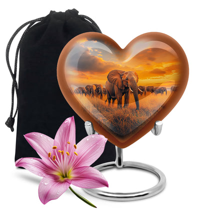 Royal Blue Elephant Cremation Urn detail view - romantic heart urn with elephant motif on aluminum - full-size 10 inch 200 cubic inch adult cremation urn