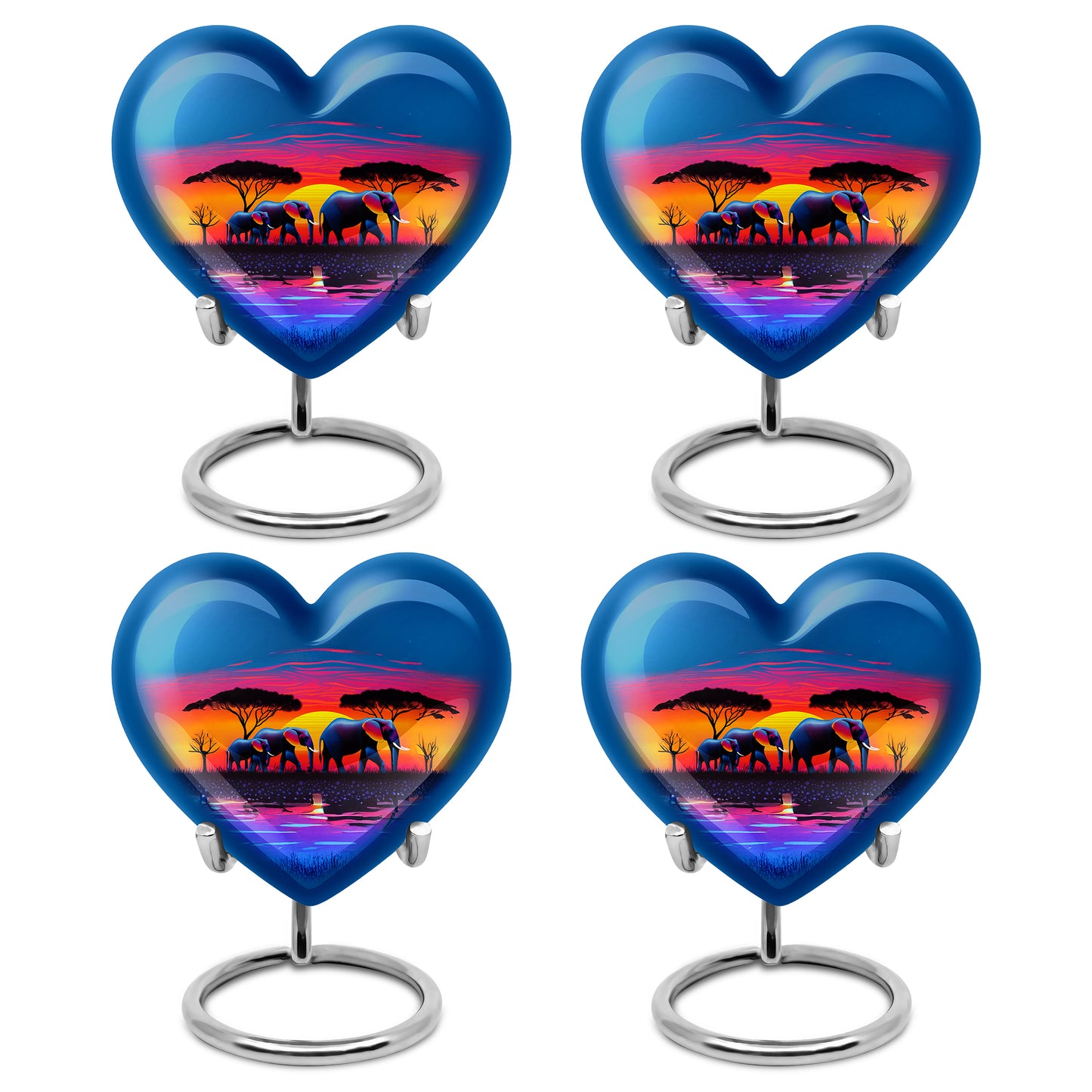 Indigo Elephant Cremation Urn angled view of lid and engraved motif - heart-shaped elephant design symbolizing eternal love - 10 inch aluminum urn for cremated remains