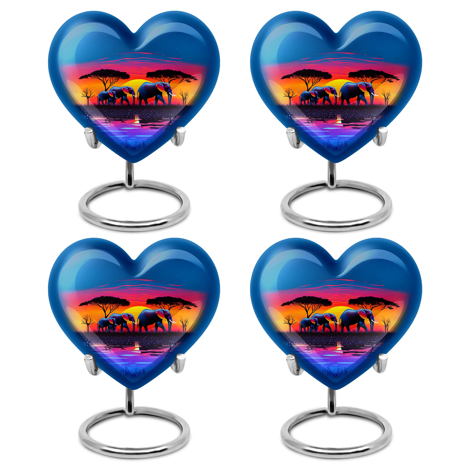 Indigo Elephant Cremation Urn angled view of lid and engraved motif - heart-shaped elephant design symbolizing eternal love - 10 inch aluminum urn for cremated remains