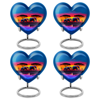 Indigo Elephant Cremation Urn angled view of lid and engraved motif - heart-shaped elephant design symbolizing eternal love - 10 inch aluminum urn for cremated remains